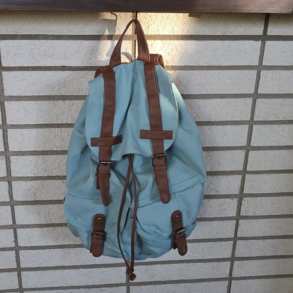 Mossimo Supply Co Backpack Light Blue Vintage Y2K Canvas Rucksack Brown Trim